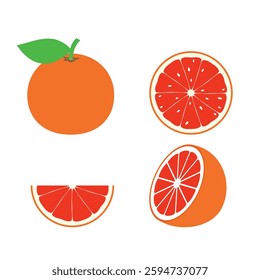 Fresh grapefruit with leaves. Half, slice, and whole of fruit, isolated on transparent background. Summer fruits for healthy lifestyle. Realistic vector illustration