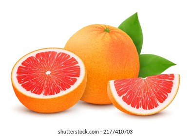 Fresh grapefruit set, with various view of whole grapefruit, halves and slices, isolated on white background. Realistic 3d vector illustration