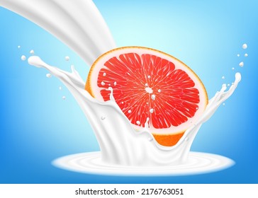 Fresh grapefruit in a splash of milk on a blue background. Grapefruit half falls into milk, yogurt, sour cream splash. Realistic 3d vector illustration.