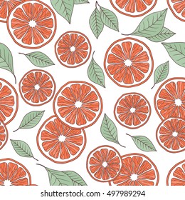 Fresh grapefruits hand drawn seamless pattern. Doodle illustration with slices of grapefruit, sketch objects. Colorful background, natural fruits icon vector