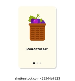 Fresh grapes in basket flat icon. Vertical sign or vector illustration of organic seasonal products or ingredients element. Food, health, farming, seasons for web design and apps