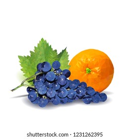 Fresh grapes, nutritious and tasty orange. Symbols of fruits. Elements for label design. Vector illustration. Fruits ingredients in triangulation technique. Orange and grapes low poly.