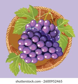 Fresh Grapes in a Rustic Basket with Green Leaves.