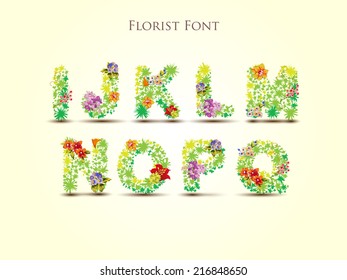 Fresh grass alphabet with blooms in vector - Florist Font