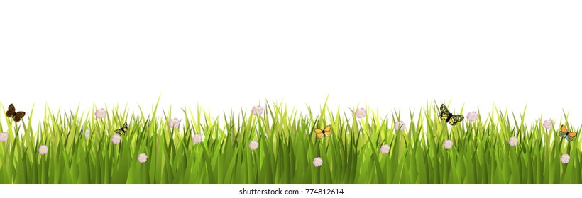 Fresh grass green with flowers and butterflies flying around. The length and density to use as vector design elements.