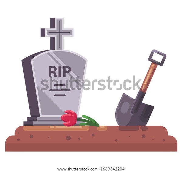 fresh grave with stove and christian cross.\
dig a shovel. flat vector\
illustration.