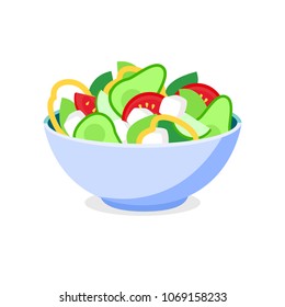 Fresh Greek Salad Bowl Plate. Vector  Greek salad Flat Icon. Healthy food. Salad fresh ingredients in bowl.