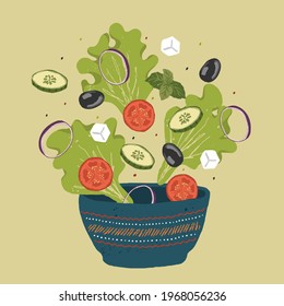 Fresh greek salad of greens and vegetables sprinkled in a deep plate. Salad recipe with lettuce, tomato, greek cheese, onion and olives. Vector hand drawn illustration