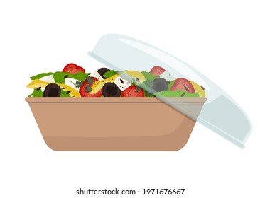 Fresh Greek salad with lettuce, tomatoes, cheese, peppers and olives in a craft package with a transparent lid. Vector illustration on a white background.