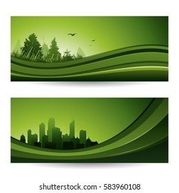Fresh green abstract design nature banner with trees and cityscape