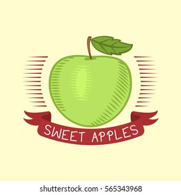 Fresh green apple badge vector illustration.