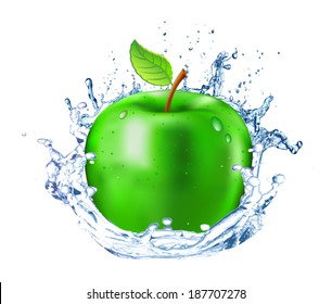 Fresh green apple with drops of water on a white background. Splash of freshness.  Isolated object. Vector.