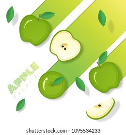 Fresh green apple fruit background in paper art style , vector , illustration
