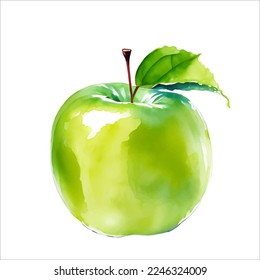 Fresh Green Apple Fruit with Leaf Isolated Beautiful Watercolor Painting Illustration Vector