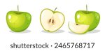 Fresh green apple fruit whole, half and sliced isolated on a white background