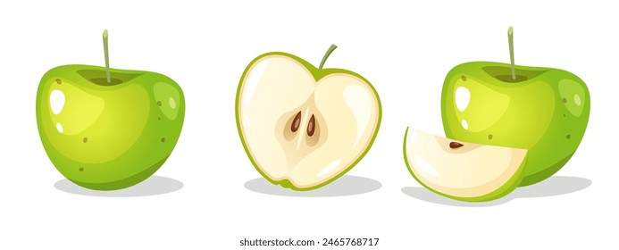 Fresh green apple fruit whole, half and sliced isolated on a white background