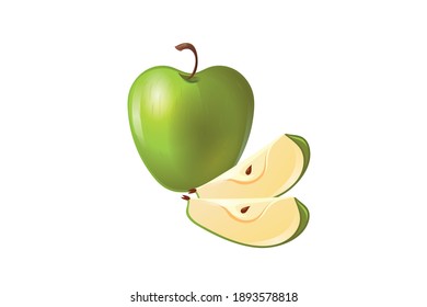 Frische grüne Apfel, vollständige und halbe Vektorgrafik einzeln auf weißem Hintergrund