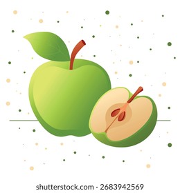 Manzana verde fresca con media rodaja en estilo plano minimalista moderno, Gradientes suaves y fondo punteado. Ilustración de frutas de Vector de moda para alimentos, envases, marcas y diseño digital.