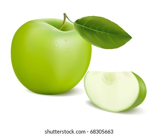 Fresh Green Apple With Green Leaf . Vector Illustration.