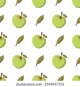 A fresh, green apple and leaves create a lively, seamless pattern on a white background.