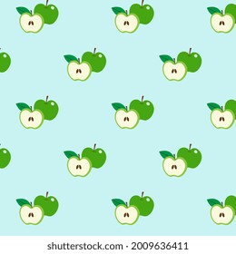 Frisch grüner Apfel, nahtloses Muster auf blauem Hintergrund.  Hintergrund für Drucke, Karten, Stoff, Textilien, Tapeten und Verpackungspapier. Vektorgrafik. Das Design des Musters wurde der Kontrollleiste hinzugefügt.