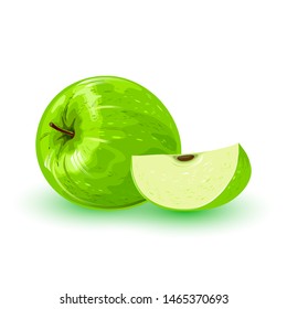 Fresh green apple and segment of it. Pomaceous fruit using for cooking jellies, jams, juice, candies, pies, cider, cakes. Cartoon vector icon isolated on white background. Healthy, vegetarian snack.