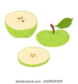 Fresh green apple slice icon. Healthy vegetarian snack, cut apple for design, infographic. Sliced on pieces apple. Hand drawn trendy flat style isolated Vector illustration