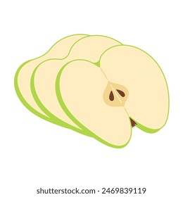 Fresh green apple slice icon. Healthy vegetarian snack, cut apple for design, infographic. Sliced on pieces apple. Hand drawn trendy flat style isolated Vector illustration