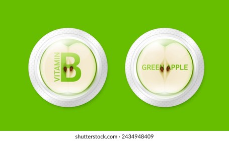 Fresh green apple slice in pill form. High vitamin B fiber beta carotene medicine essential the health care. Natural alternative dietary supplements. Fruits rich in vitamins minerals. Vector.