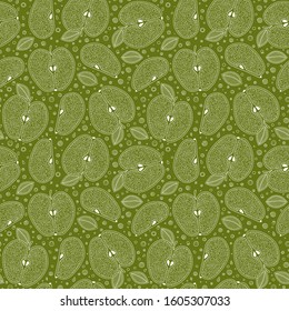 Fresh green apples background, hand drawn. Doodle wallpaper. Colorful seamless pattern with fresh fruits.  For kitchen textile, fabric, paper. 