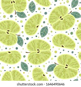 Fresh green apples background, hand drawn. Doodle wallpaper. Colorful seamless pattern with fresh fruits.  For kitchen textile, fabric, paper. 
