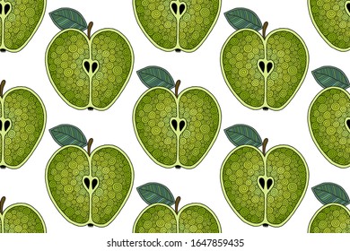 Fondo de manzanas verdes frescas, dibujado a mano. Papel pintado de doodle. Color sin fisuras con frutas frescas. 