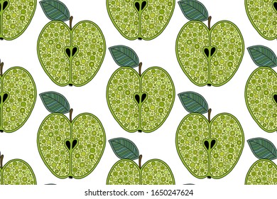 Fresh green apples background, hand drawn. Doodle wallpaper. Colorful seamless pattern with fresh fruits.  For kitchen textile, fabric, paper. 
