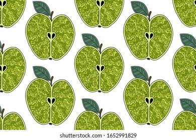 Fondo de manzanas verdes frescas, dibujado a mano. Papel pintado de doodle. Color sin fisuras con frutas frescas. 