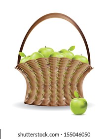 Fresh green apples in a basket on white background.