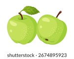 Fresh green apples with leaf, fresh garden fruit. Hand drawn food clipart. Whole fruit with green leaf, Flat style isolated on transparent background. Vector illustration