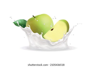 Fresh green apples in milk splashes realistic vector illustration
