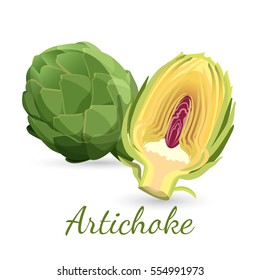 Fresh green artichoke with stem and half of it showing yellow heart on white. Vector illustration of globe artichoke edible plant consists of buds and blooming flowers. Low cholesterol levels