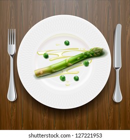 Fresh green asparagus on the plate, vector illustration.