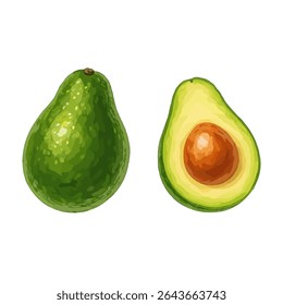Abacate verde fresco e corte metade com semente sobre fundo branco. Perfeito para alimentos saudáveis, dieta e conceitos de ingredientes orgânicos