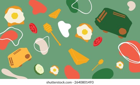 Fresh green background with toasters, eggs, cheese, tomato slices, and honey dippers for a warm, homey breakfast food composition.