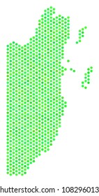 Fresh green Belize map. Vector honeycomb geographic map drawn with eco green color shades. Abstract Belize map composition is constructed of hex tile elements.