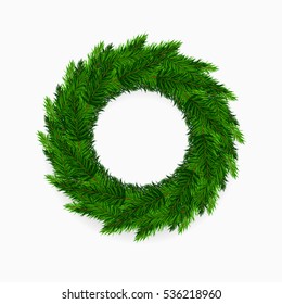 Fresh green blank Christmas wreath on white background