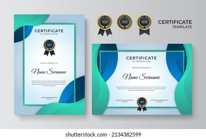Fresh green and blue Certificate of achievement border template with luxury badge and modern line pattern. For award, business, and education needs