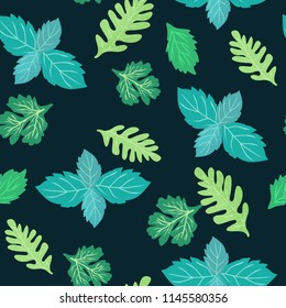 fresh green botanical seamless background Kitchen decoration pattern. Green culinary herbs coriander, mint, peppermint, arugula and peppermint