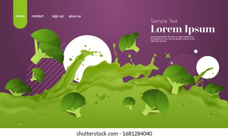 fresh green broccoli juice liquid splash realistic splashes healthy vegetable splashing waves horizontal copy space vector illustration