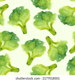 Fresh green cabbage broccoli seamless pattern. Hand drawn vector illustration, watercolor splashes background. Vegetarian eco food product, organic, vegan nutrition. For recipe book, menu cover design