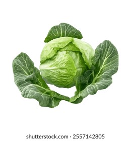 A fresh green cabbage with surrounding leaves, showcasing its natural texture and color.