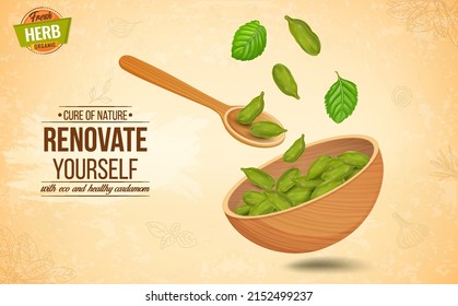 Fresh Green Cardamom Spices pods  in a wooden bowl on brown background