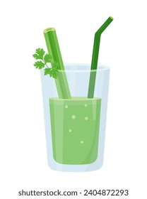 Fresh green Celery juice in glass. Weight loss diet smoothie. Detox cocktail for healthy dieting. Celery stalk and juice icon. Vector illustration isolated on white background.